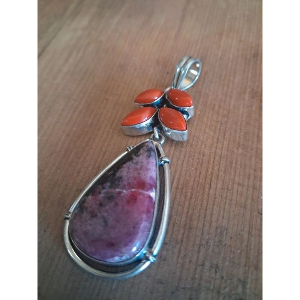 Boho Tribal style Rhodochrosite and Coral pendant